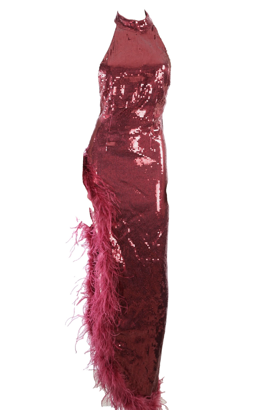 Retrofete Vixen Sequin Ostrich Feather Dress Cabernet Burgundy Halter High Slit